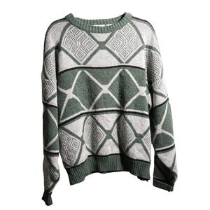 VTG Kiyo Mens‎ L Green White Geometric Pattern Sweater Retro